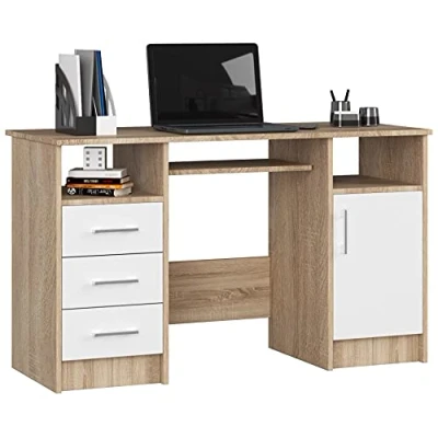 Afbeelding van Ana PC bureau met toetsenbordplank, bureautafel, computertafel, 3 laden, 1 opbergvak deur, 2 open opbergvakken, B124 x H74 D52 cm, 45 kg, Sonoma eiken en wit front