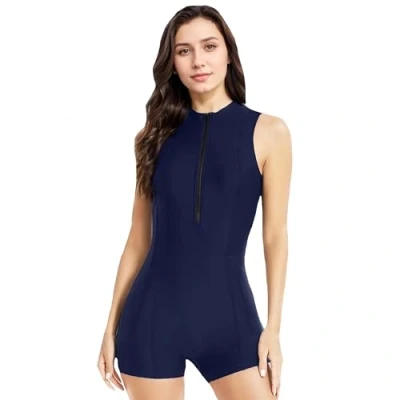 Afbeelding van Vrouwen Zwemkleding met Sleeveless,Zwemkleding,Vrouwen Boyleg One Piece Zwempak,Hoge Hals,Badpak,Tibetaans Blauw,L