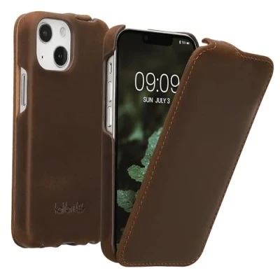 Afbeelding van kalibri flip cover geschikt voor Apple iPhone 13 mini ultradunne leren hoes smartphone bruin
