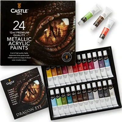 Afbeelding van Castle Art Supplies Metallic Acrylverf Set 24 x 12 ml tubes voor volwassen artiesten, beginners en hobbyisten om glinsterende kwaliteit toe te voegen aan verschillende oppervlakken In mooi doos