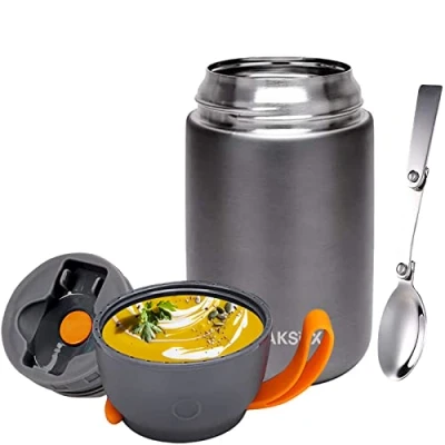 Afbeelding van WAKSOX Geïsoleerde voedselfles voor warm voedsel, 530 ml soepvoedselpot, roestvrijstalen voedselcontainer met lepel school, kantoor, reizen, kamperen, ideaal koel of eten (zwart ml)