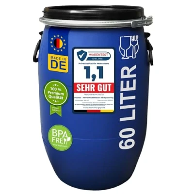 Afbeelding van Vat FDA goedkeuring, kunststof trommel met open deksel, blauw, 60 L gegalvaniseerde klemring externe hendelvergrendeling (22403)