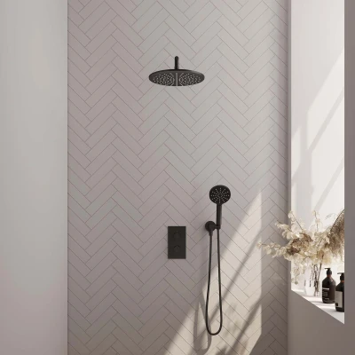 Afbeelding van Brauer Black Edition Regendoucheset inbouw hoofddouche 30cm gladde knop handdouche Rond 3 standen mat zwart Minimalistisch design