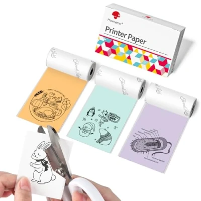 Afbeelding van Phomemo Zelfklevend thermisch papier voor T02 M02PRO M02S M03 M04S M03AS M04AS draagbare thermische printer, Groen/paars/oranje, 53 mm x 3,5 m, 3 rollen