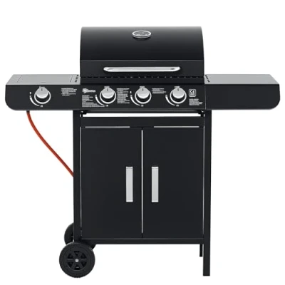 Afbeelding van Outsunny gasgrill BBQ grillwagen met 3 branders 1 zijbrander drukverminderaar slangen kast multifunctioneel metaal zwart 110 x 50 100 cm
