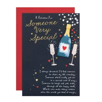Afbeelding van Hallmark Iemand speciale valentijnskaart, Valentijnskaart voor een speciaal iemand, champagnefles en glazen ontwerp, Valentijnsdag, met envelop, zwart