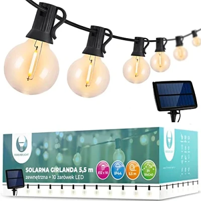 Afbeelding van Forever solar slinger lichtketting 5,5 m lang 10 Edison heldere gloeilampen IP44 met zonnepaneel / 4 variabele lichtstanden/schemersensor/sterk licht/warm wit
