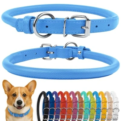 Afbeelding van CollarDirect Opgerolde lederen halsband, zachte gewatteerde ronde puppyhalsband, handgemaakte echt halsband hond kleine grote halsbanden zwart roze rood paars blauw (geschikt voor 30 38 cm,
