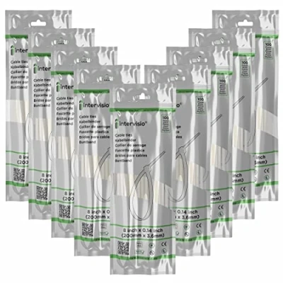 Afbeelding van intervisio Kabelbinders 200 mm x 3,6 Wit Premium Plastic Tie Wraps, 200mm lange nylon bundelbandje, pak van 900 stuks