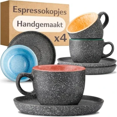 Afbeelding van Cosumy Set van 4 Espressokopjes Keramiek met Schoteltjes 90 ml Dikwandig Steengoed Handgemaakte Reactieve Glazuur Houdt Warmte Lang Vast (Kleurrijk)