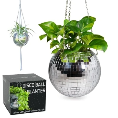 Afbeelding van discobal bloempot Spiegelbal hangende bloempotten, planten, decoratieve overpot macramé, cadeau voor vriendin Disco bal 20 cm zilver