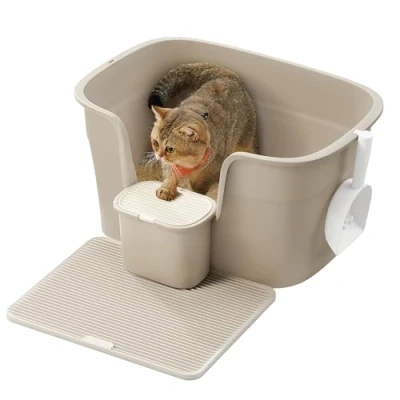 Afbeelding van Feandrea Kattenbak Extra Grote Hoogzijdige Kattenbakmat Opbergdoos Schep voor Katten Cappuccino Beige PPT003K01