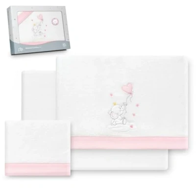 Afbeelding van Interbaby Beddengoedset voor kinderbed, 60 x 120 cm, 100% polyester, warm, inclusief hoeslaken, dekbedovertrek en kussensloop, ideaal de winter, olifantenballon, hart, wit/roze