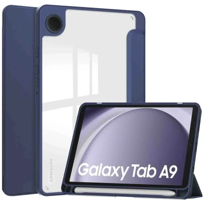 Afbeelding van Samsung Galaxy Tab A9 Hoes: iMoshion Trifold Hardcase Bookcase Shockproof/Valbescherming Bookcase,Hardcase Donkerblauw Kunststof Tablet