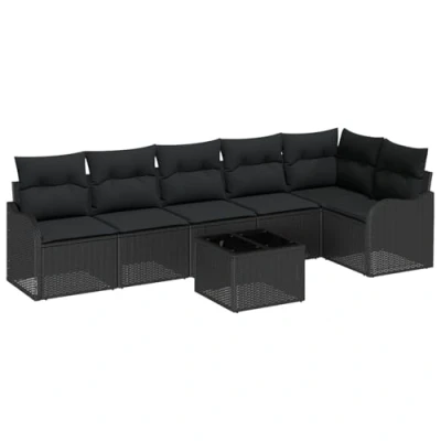 Afbeelding van vidaXL 7 delige Tuin Sofa Set met Kussens Beige Poly Rattan, 2 zits Zwart Rattan