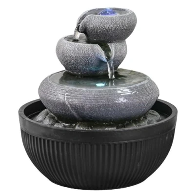 Afbeelding van Geelong Zen&#039;Light Kamerfontein, waterval, 3 niveaus, pot, natuursteeneffect, kleurrijk ledlicht, decoratie voor binnen, Zen en elegant, tafelfontein, buitengewoon cadeau idee, H 21 cm