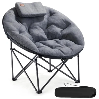 Afbeelding van EVER ADVANCED Luxe campingstoel, opvouwbaar, Moonchair XXL, 150 kg, rond, klapstoel, dik gevoerd, oversized vouwstoel, hoge rugleuning met kussen, extra breed voor outdoor, tuin, balkon, indoor, grijs