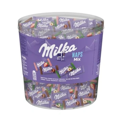 Afbeelding van Milka Chocoladeappels, NAPS mix, alpenmelk, hazelnoot/crème au cacao/aardbei, transparante doos, 218 x 4,6 g (1 kg)
