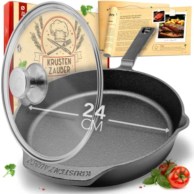 Afbeelding van KRUSTENZAUBER koekenpan 24 cm inclusief glazen deksel paella pan gietijzeren Hapjespan voor gas, inductie, elektrisch fornuis