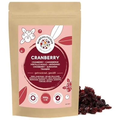 Afbeelding van Cranberry gedroogd 500g van Munchilycious, gedroogde veenbessen gezoet met appelsap, fruit, perfect voor ontbijtgranenkommen, smoothiekommen of pap