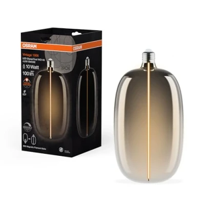 Afbeelding van OSRAM Vintage 1906 Big Elipse Oval is a dimmable LED lamp with an ellipse shaped filament. It offers 4.8 W for 100 lm, E27 socket, smoke design, 145 mm diameter, colour rendering CRI 80, 1,800 K.