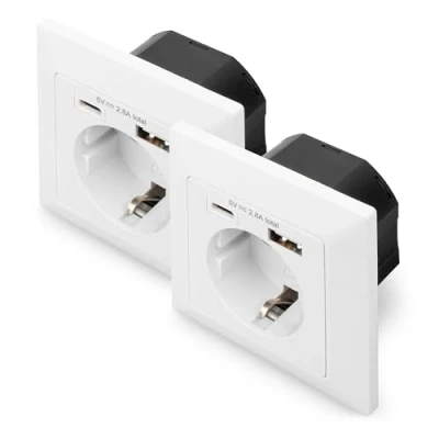 Afbeelding van DIGITUS DA 70615 Inbouwcontactdoos met USB lader 2 stuks 1x A tot 2,8 / C Inbouwdiepte 32 mm Voorwaardelijk designgeschikt Zuiver wit RAL 9003