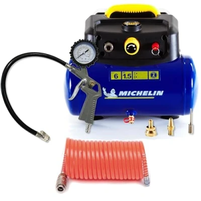 Afbeelding van Michelin MBL6 draagbare luchtcompressor, 6 liter olievrije ingebouwde drukmeter + Kit (inflatiepistool, spiraalslang en 3 spuitmonden inbegrepen)