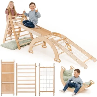 Afbeelding van 5 in 1 indoor klimrek voor kleine kinderen, driehoekige ladder, klimboog en klimhelling net, kussen, Montessori klimrek, houten speelplaats kinderen van jaar, groen kussen