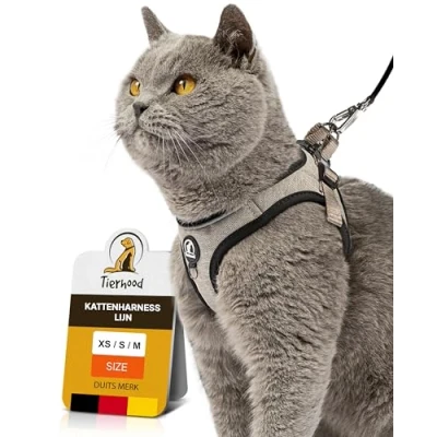Afbeelding van Tierhood Kattenharnas set met riem voor gecontroleerde vrijheid zacht harnas comfortabel, instelbaar en robuust actieve katten (Grijs, M)