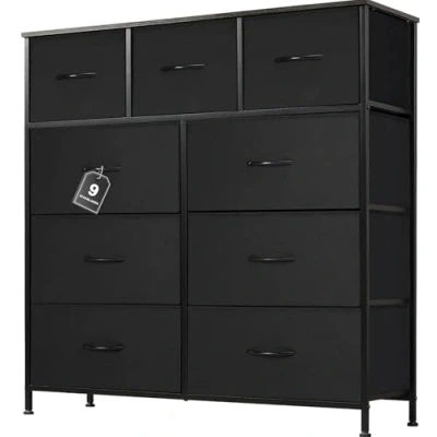 Afbeelding van DUMOS commode met laden commodes en dressoirs geschikt voor slaapkamer, comodenkast 9 laden, stoffen stabiel stalen frame, ideaal woonkamer (zwart)