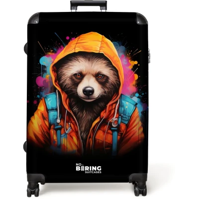 Afbeelding van NoBoringSuitcases.com® Koffer groot Reiskoffer lichtgewicht Wasbeer met oranje jas en verfspetters Rolkoffer 4 wielen Grote trolley XL 98 liter bagage