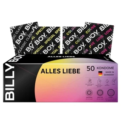 Afbeelding van BILLY BOY condooms Alles Liebe 50 stuks condoommix in verschillende pasvormen transparant, gekleurd, fruitig, ribbels/parels &amp; met geïntegreerde ring (1x50 stuks)