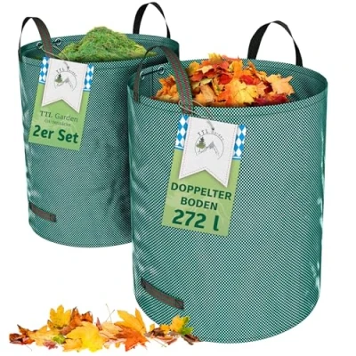 Afbeelding van TTL Garden Tuinzak, 2 x 272 liter, dubbele bodem, extra stabiel, zelfstaand, 4 handgrepen, 150 g/m², groot, robuust en opvouwbaar, set van tuinzakken, afvalzakken voor gras, bladeren, heg, tuinafval