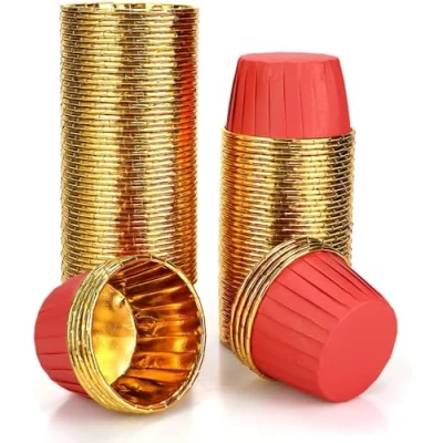 Afbeelding van 100 stuks Cupcake hoesjes, Cake Muffin Liners, Vetvrije folie bakken Cups Papier Wrappers, Metallic Huishoudelijke Oven Verjaardag Bruiloft Muffins Gebak Mallen (rood)