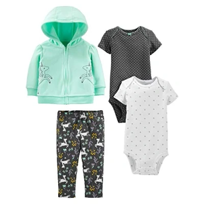 Afbeelding van Simple Joys by Carter&#039;s 4 delige set met jas, broek en bodysuit voor babymeisjes, Zwarte Stippen/Mintgroene Eenhoorn/Witte Sneeuwvlok/Bloemen, 12 maanden