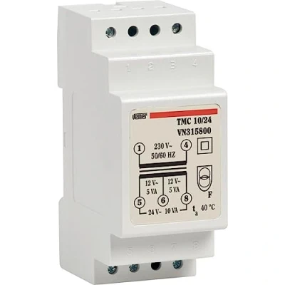 Afbeelding van VEMER VN315800 TMC 10/24 transformator 24 V voor continu gebruik, montage op DIN rail, vermogen 10 V, wit