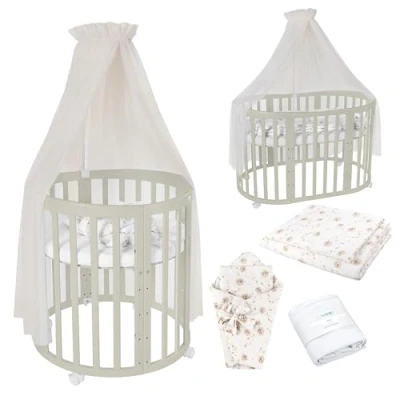 Afbeelding van Waldin Ovale Babybedset 7in1 Babybedje met Matras, Commode, Meegroeiwiegje, Houten Zijbed, Hout Olijf, Stoffen Champagne Paardenbloem