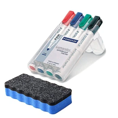 Afbeelding van Staedtler 351 WP4 Lumocolor whiteboardmarker, 4 stuks in opstelbare box, op kleur gesorteerd bonuspakket met blauwe wisser