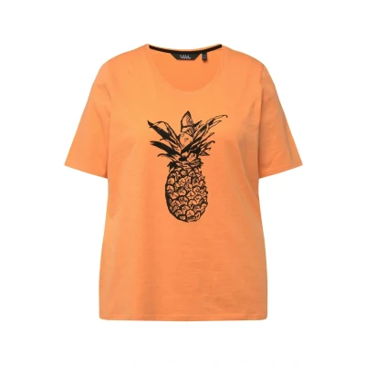 Afbeelding van Ulla Popken Caviar BEAD Short Sleeve Pineapple TEE Tshirt print, Dames, Maat: 42/44, Apricot