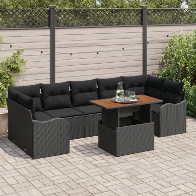 Afbeelding van vidaXL 8 delige Tuin Sofa Set met Kussens Zwart Poly Riet Acacia, 2 Zits