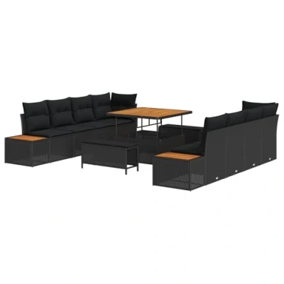 Afbeelding van vidaXL 11 delige tuinset met kussens in zwart poly rattan en acacia