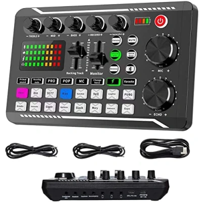 Afbeelding van live geluidskaart en audio interface met DJ mixer effecten stemwisselaar, F988 Bluetooth stereo audiomixer, voor Youtube streaming, pc, opnamestudio gaming