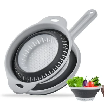 Afbeelding van Noedelzeef, opvouwbare zeef, 2 stuks, siliconen keukenzeef, inklapbare afdruipzeefset, filtermanden, afwasbak met handvat voor pasta, fruit, groenten, grijs