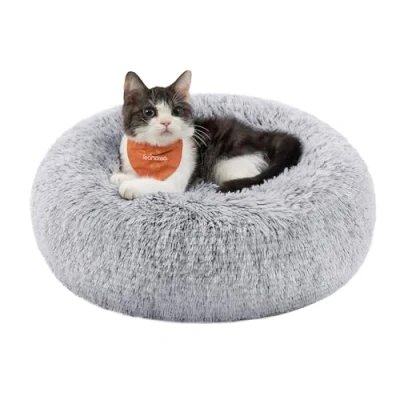 Afbeelding van Feandrea donzig hondenbed, kattenmand, donutkussen, wasbaar, uitneembare middenvulling, lang pluche, 40 cm diameter, ombre grijs PGW036G01