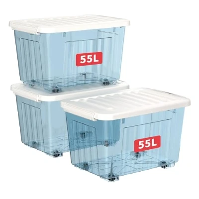 Afbeelding van Cetomo 55L x 3 opbergdozen met wielen, plastic opbergdoos deksel, vergrendelende gespen, kliksluiting, stapelbaar, nesten, duurzame organizer voor thuiskantoorkleding, transparant, 55 l, stuks