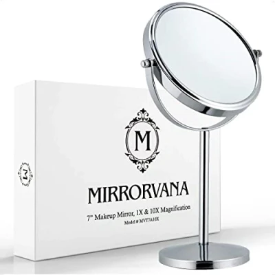 Afbeelding van Mirrorvana 10x Vergroting Cosmetische Spiegel, Make up Spiegel Dubbelzijdig, Scheerspiegel, Vrijstaand Tafelspiegel, Verchroomd, 18cm