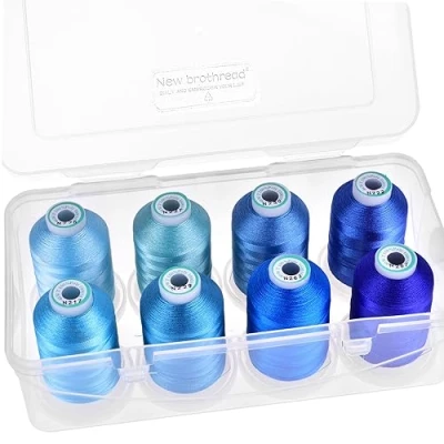 Afbeelding van New brothread 15 Opties 8 Opklikbare Spoelen van 1000m elk Polyester Machine Borduurgaren met Doorzichtige Plastic Opbergdoos voor Borduren en Quilten Different Blue