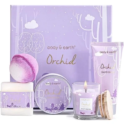 Afbeelding van BODY &amp; EARTH Verjaardagsgeschenk voor Vrouwen 5 delig Orchideegeur Geschenkset met Geurkaars, Lichamsboter, Handcrème, Badbombe en Geschenkdoos. Wellnessset Vriendin, Mama.