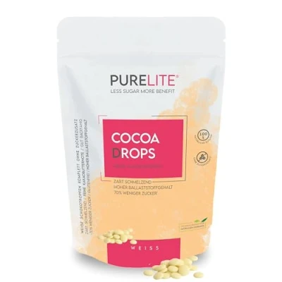 Afbeelding van PURELITE Cocoa Drops wit 450g, witte chocoladedruppels zonder toegevoegde suiker met erythritol &amp; stevia nasmaak, minder suiker, caloriebewust 70%