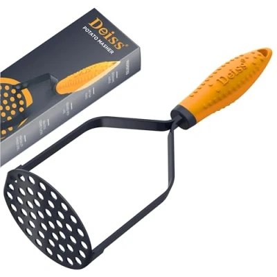 Afbeelding van DEISS PRO Heavy Duty roestvrijstalen aardappelstamper met antislip rubberen handgreep Hoogwaardige draagbare voor probleemloos pureren Vaatwasmachinebestendige groente en fruitstamper zwart
